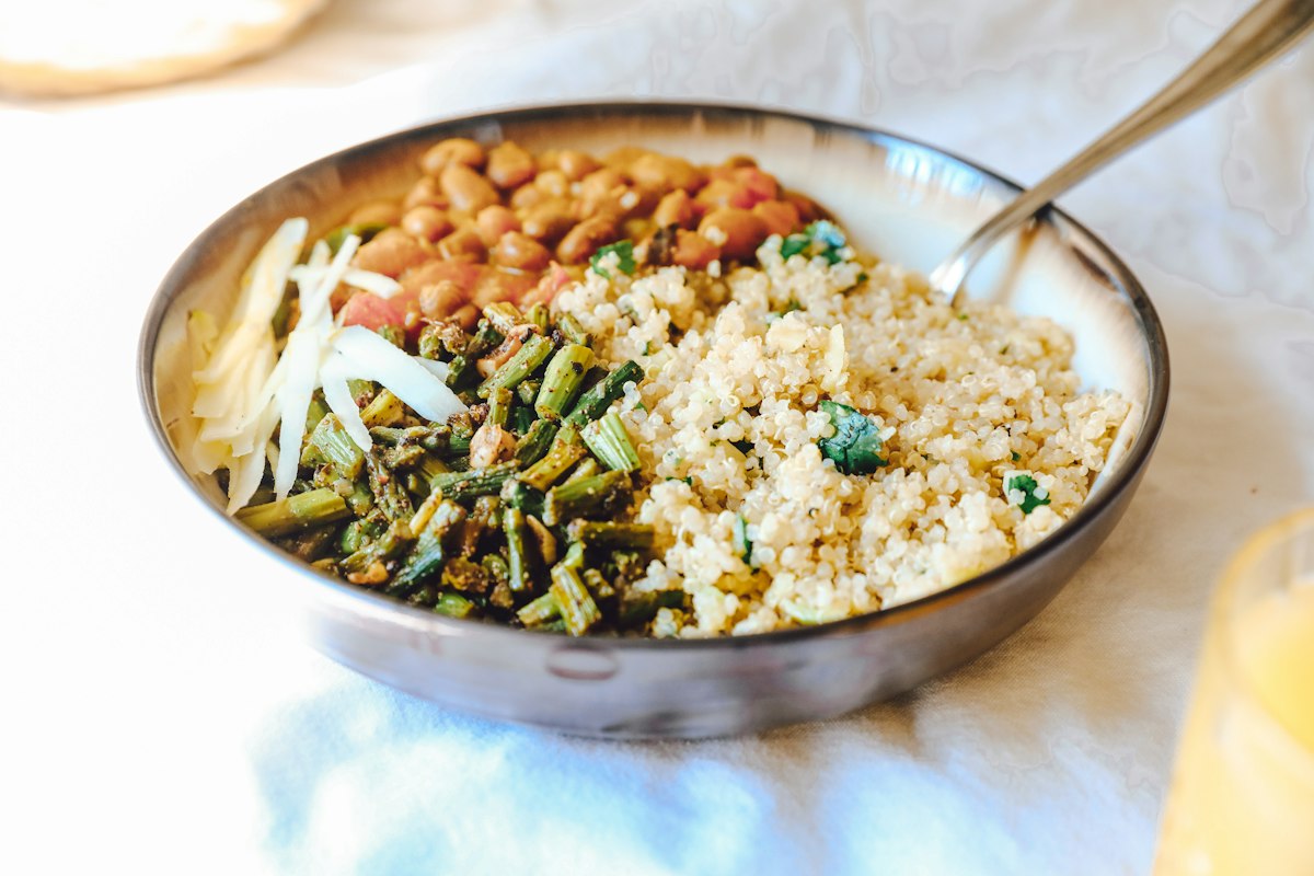 Colorful low sugar meal spread on a table